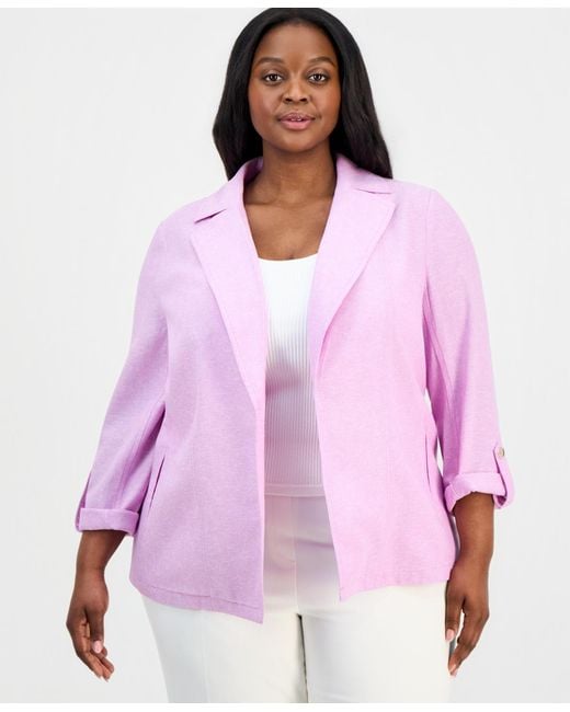 Kasper Purple Plus Size Open-front Roll-sleeve Jacket