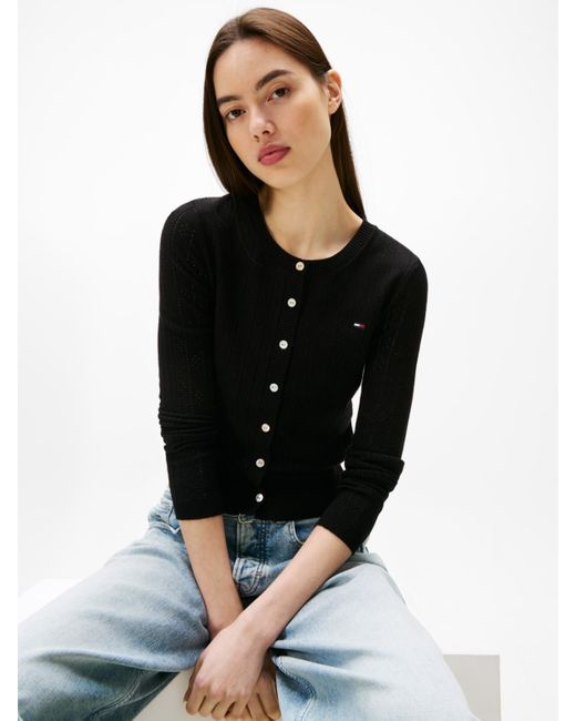 Tommy Hilfiger Black Pointelle-pattern Crewneck Cardigan