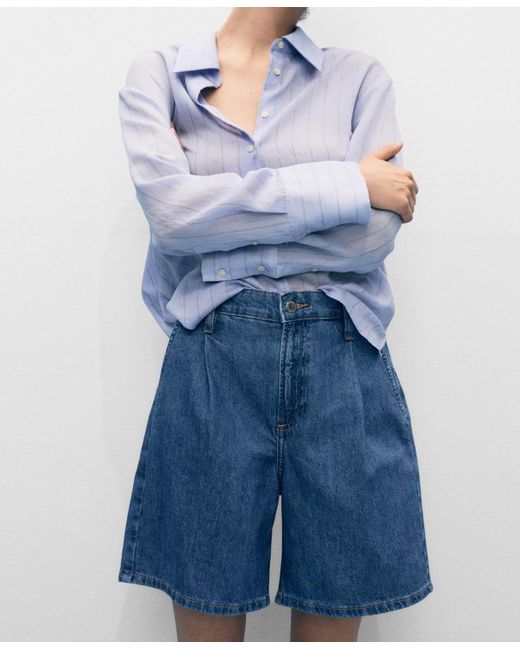 Mango Blue Pleated Denim Bermuda Shorts
