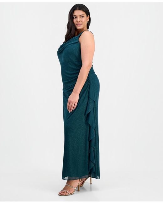 Alex Evenings Blue Plus Size Cowlneck Ruched Glitter Gown