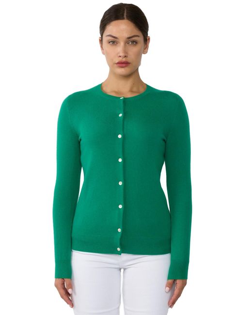 Jennie Liu Green 100% Cashmere Button Front Long Sleeve Crewneck Cardigan Sweater
