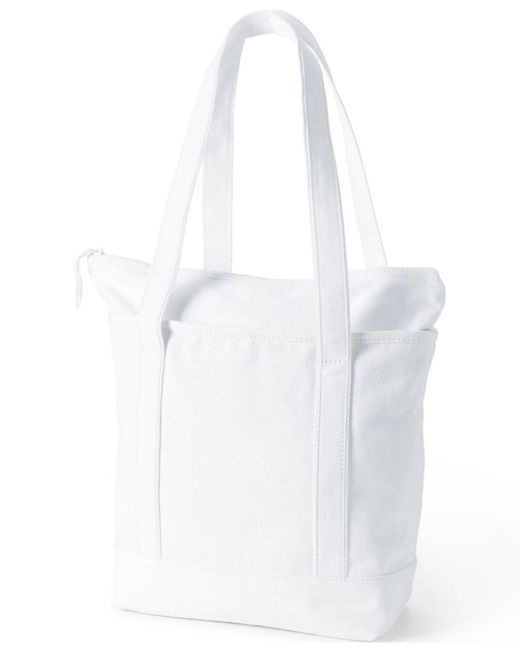 Lands' End White Medium Solid Color 5 Pocket Zip Top Long Handle Canvas Tote Bag