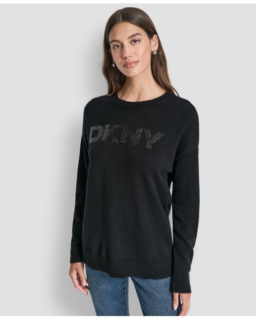 DKNY Black Logo Sequined Long-sleeve Sweater