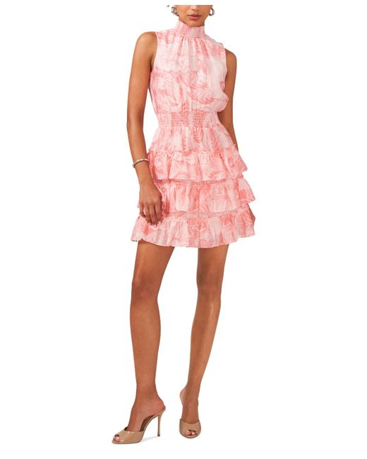 1.STATE Pink Floral Smocked Sleeveless Mock Neck Tiered Mini Dress