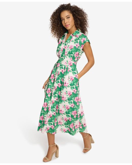 Kensie Green Floral-print Midi Dress