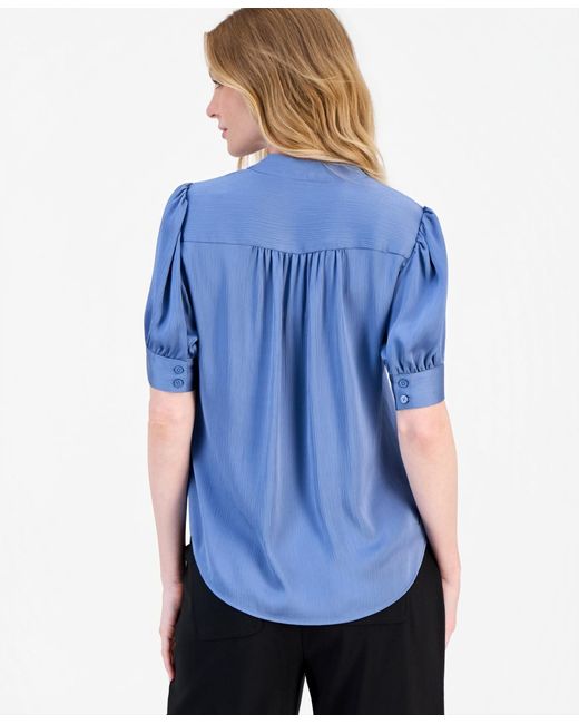 Anne Klein Blue Split-neck Puffed-sleeve Top