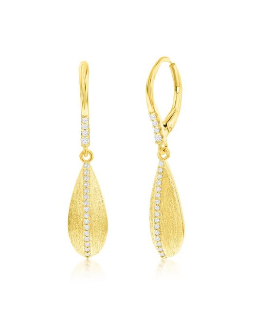 Simona Metallic Plated Over Sterling Silver Long Pear-shaped Brushed Cz Earrings