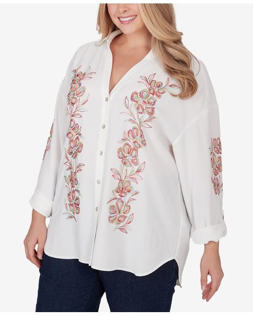 Ruby Rd White Plus Size Solid Embroidered Crepe Top