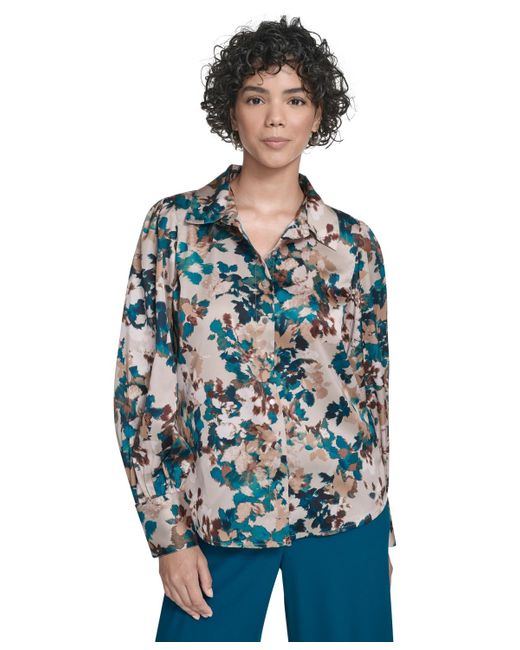 Calvin Klein Blue Petite Printed Long Sleeves Top
