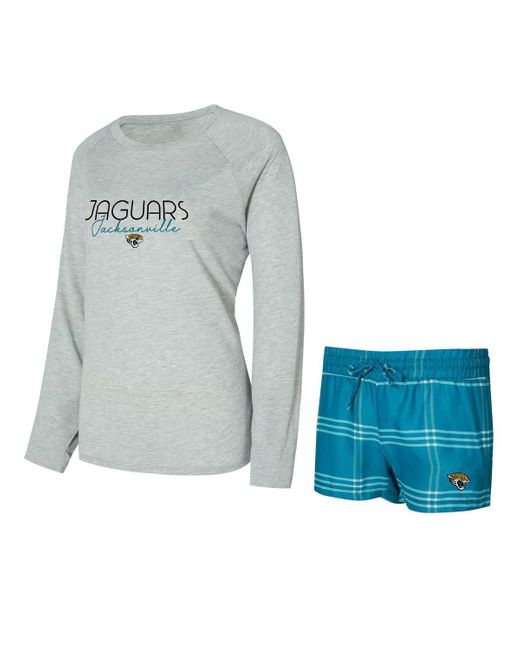 Concepts Sport Blue 2-pieace Teal/gray Jacksonville Jaguars Petition Raglan Long Sleeve Top And Shorts Set