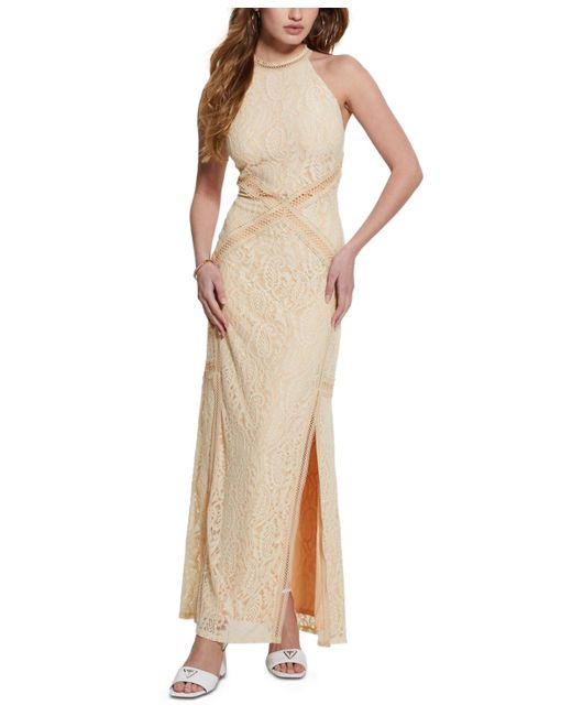 Guess Natural New Liza Lace Halter Sleeveless Gown