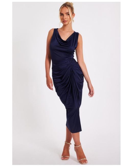 Quiz Blue Disco Cowl Hardware Detail Back Ruched Midi Dress