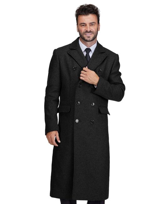 Braveman Black Big & Tall Double-breasted Knee Length Wool Blend Three Button Long Overcoat Top Coat for men
