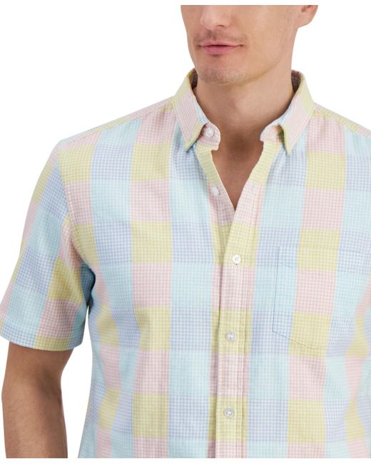 Club Room Blue Short Sleeve Button Front Madras Plaid Shirt for men