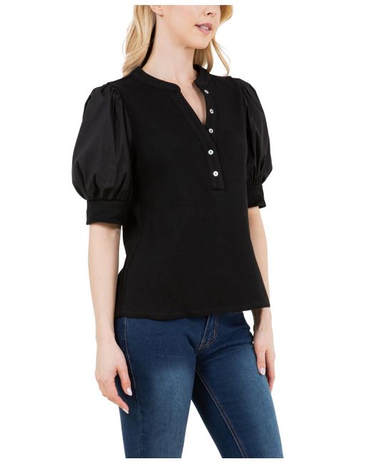 Fever Black Ribbed Knit Henley With Woven Puff Sleeve