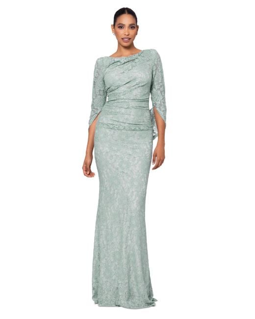 Betsy & Adam Blue Betsy Adam Lace Cape-sleeve Gown