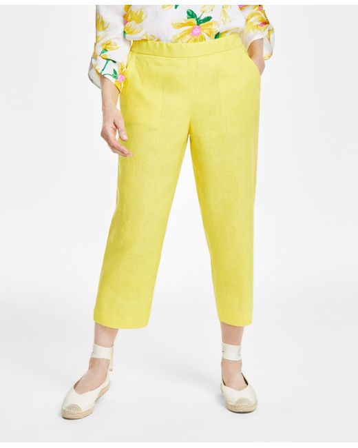 Charter Club Yellow 100% Linen Solid Cropped Pull-on Pants