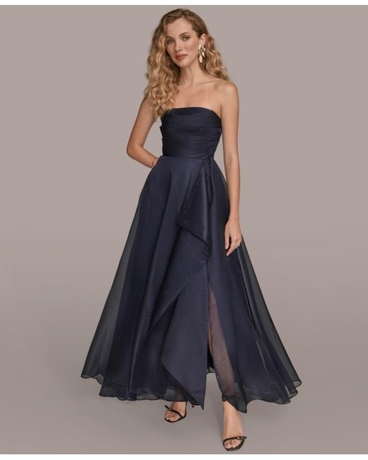 Donna Karan Blue Ruched Strapless Gown