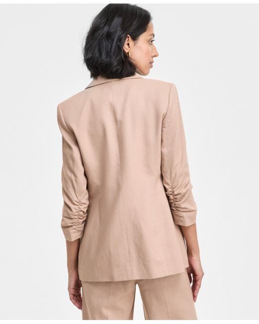BarIII Natural Ruched-sleeve Open-front Linen Blazer