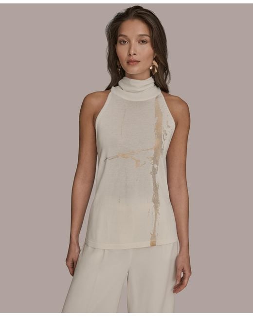 Donna Karan Natural Printed Turtle Neck Top