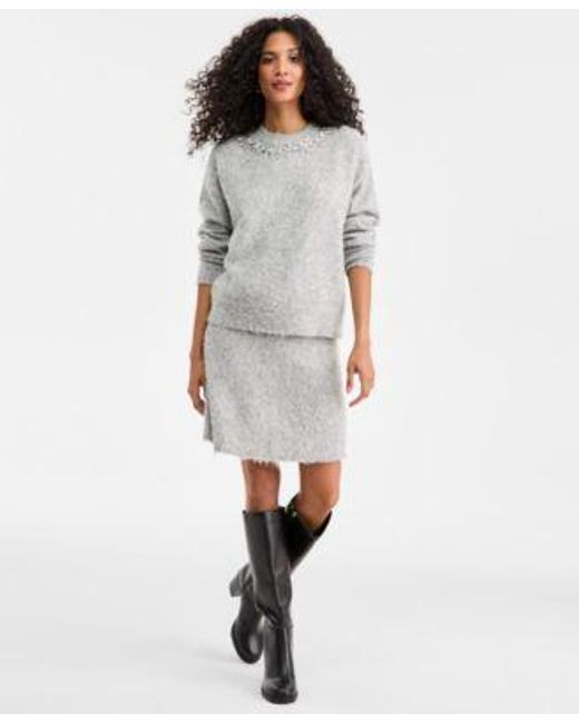 On 34th Women´s Gray Embellished Brushed Crewneck Sweater Mini Skirt Macys Exclusive sweaters