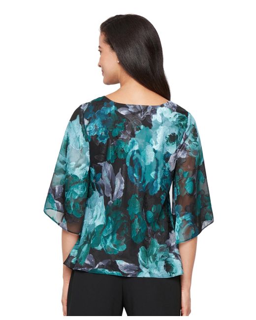 Alex Evenings Blue Printed V-neck Chiffon Blouse