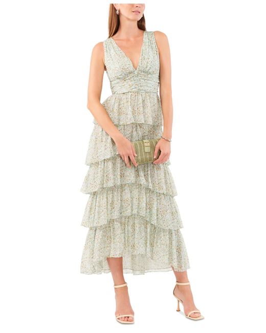 1.STATE Green Floral Sleeveless Tiered Maxi Dress