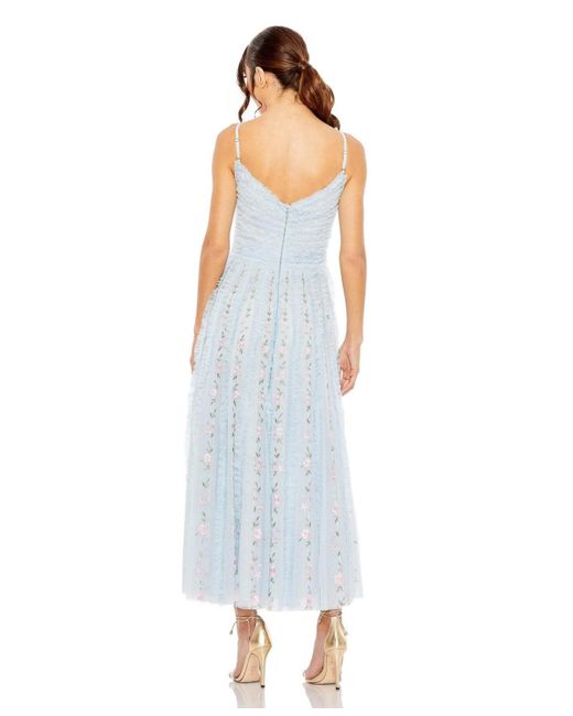 Mac Duggal Blue Ruffle Floral Embroidered Detail Tea Length Dress