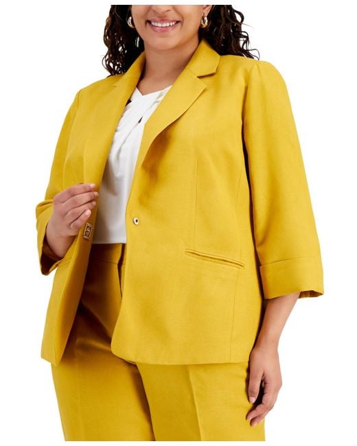 Kasper Yellow Plus Size Linen-blend 3/4-sleeve Blazer