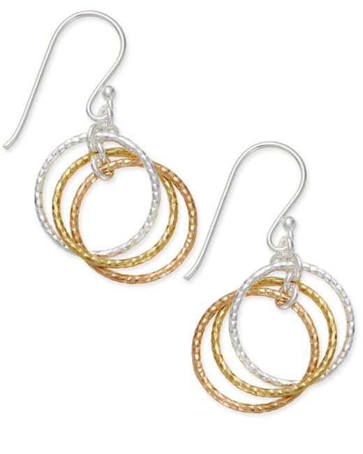 Macy's Metallic Tri-tone Interlocking Circle Drop Earrings In Sterling Silver, Gold-plated Sterling Silver And Rose Gold-plated Sterling Silver