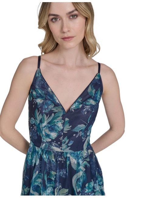 Eliza J Blue Embroidered Sequined Sleeveless Ball Gown