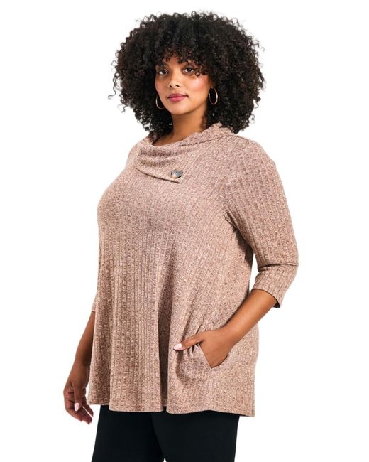 Avenue Brown Plus Size Miley Rib Hacci Button Tunic