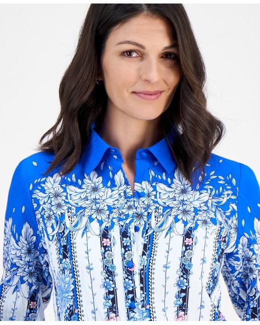 Tahari Blue Placed-floral Button-down Blouse