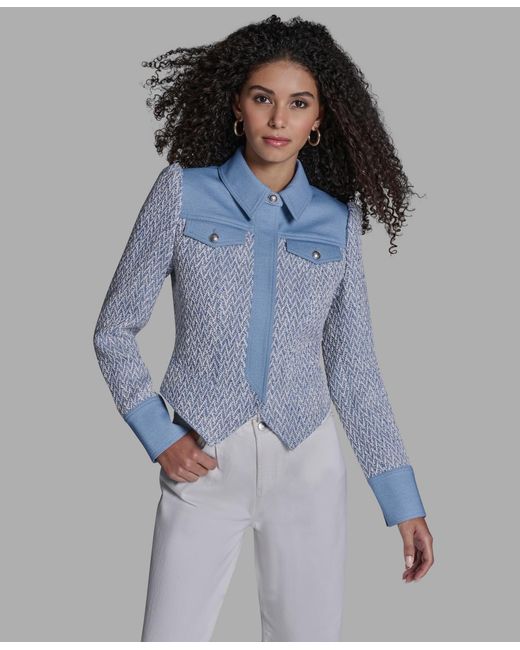 BCBGMAXAZRIA Blue Chambray Collared Long-sleeve Jacket