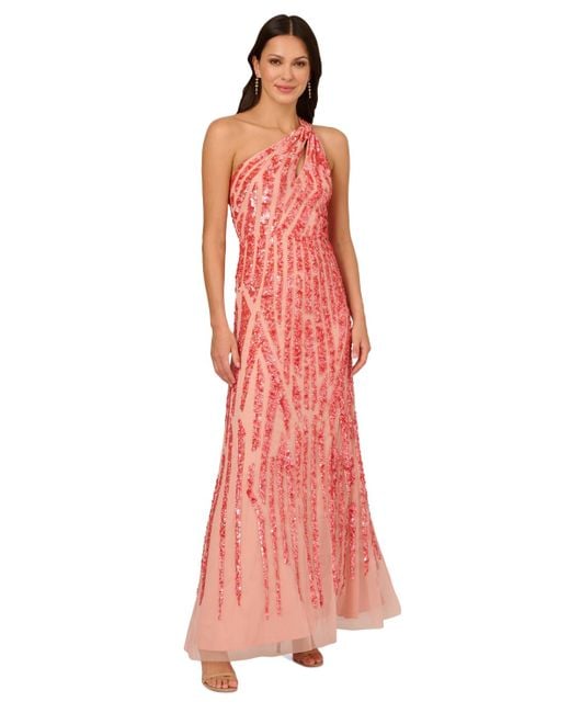 Adrianna Papell Red Asymmetric-neck Beaded Gown
