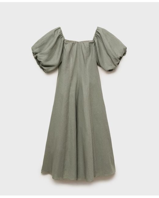 Mango Green Puffed-sleeve Linen Dress
