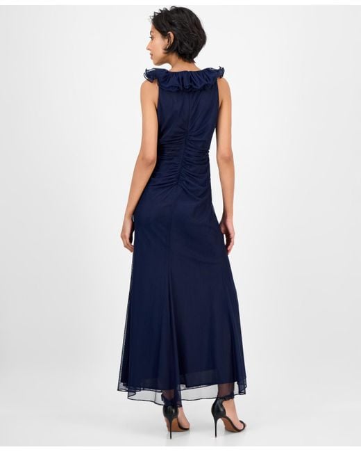 Alex Evenings Blue Petite Ruffled V-neck Sleeveless Mesh Gown