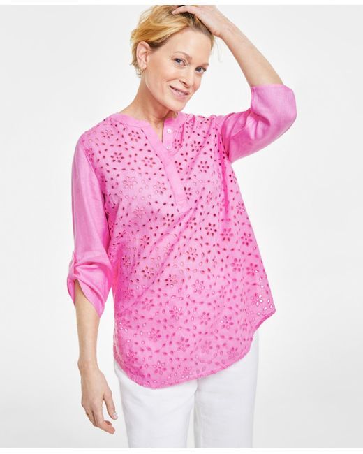 Charter Club Pink 100% Linen Woven Popover Tunic Top