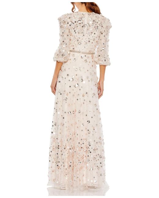 Mac Duggal Natural Floral Applique Puff Sleeve High Neck A-line Gown