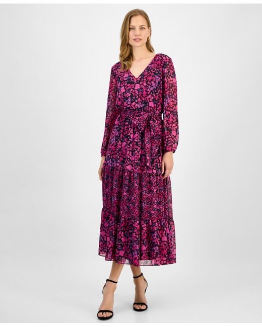Kasper Purple Floral-print Tiered Fit & Flare Dress