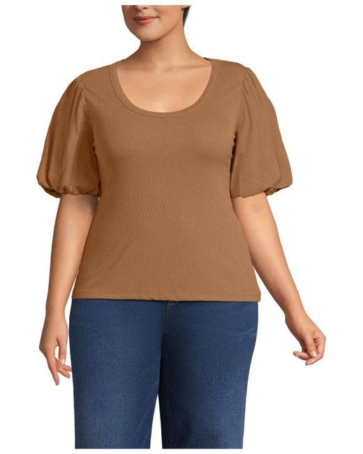 Lands' End Blue Plus Size Drapey Rib Puff Sleeve Scoop Neck Top