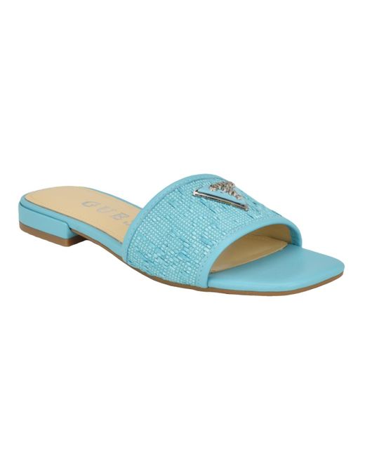 Guess Blue Tamsey One Band Square Toe Slide Flat Sandals