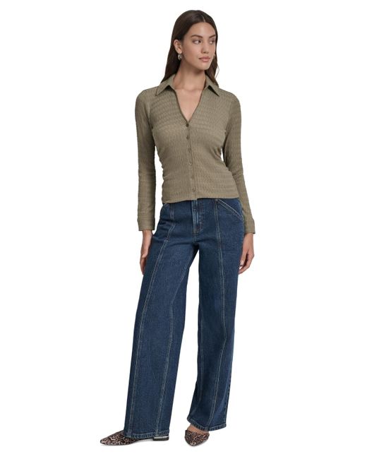 DKNY Multicolor Textured Collared Button-front Top