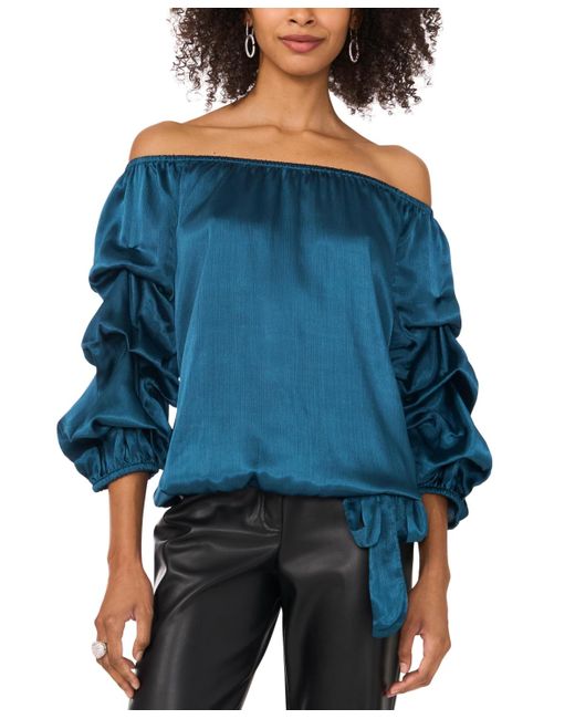 Vince Camuto Blue Satin Off The Shoulder Bubble Sleeve Tie Front Blouse