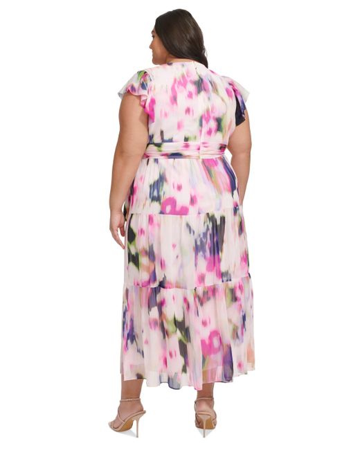 DKNY Pink Plus Size Printed Flutter-sleeve Chiffon Maxi Dress