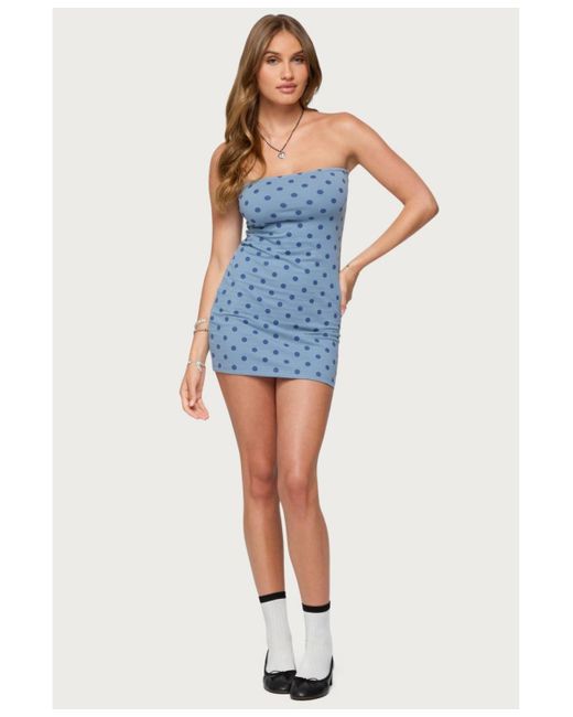 Edikted Blue Lewis Polka Dot Strapless Mini Dress