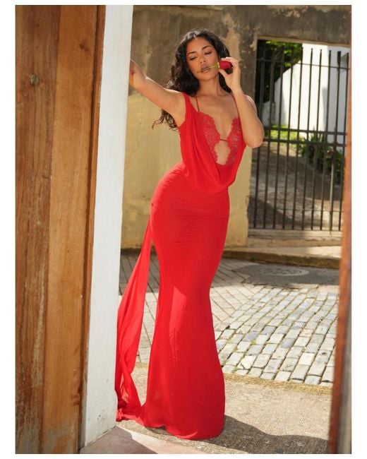 red lace backless dress Miss Circle Ulanda Chiffon Lace Backless Maxi Train Dress in Red