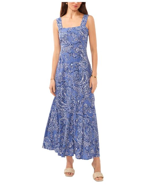 Vince Camuto Blue Printed Smocked Back Tiered Sleeveless Maxi Dress