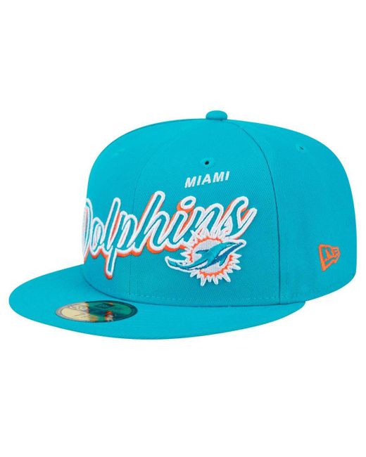 KTZ Blue Miami Dolphins Script Sided 59fifty Fitted Hat for men