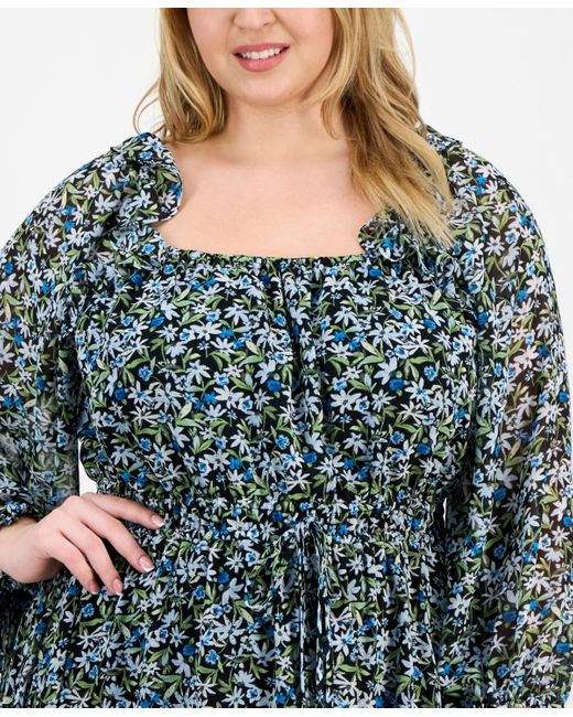 On 34th Blue Trendy Plus Size Floral-print Smocked-waist Dress